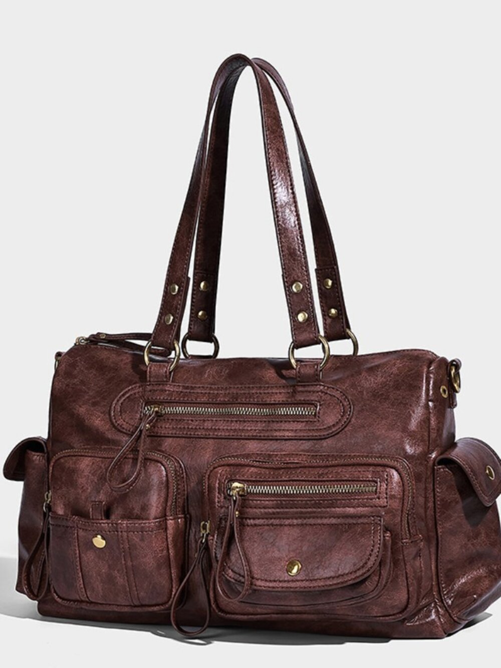 Vintage Y2K Brown Faux Leather Multi Pocket Utility Crossbody Shoulder Bag